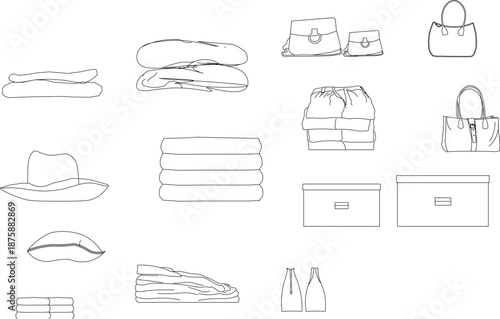 Technical vector collection of clothing and accessory symbols, featuring folded apparel, handbags, hats, and storage boxes for retail or walk-in closet floor plans