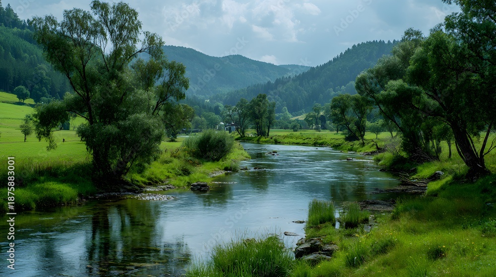 Fototapeta premium A serene river flows through lush green hills under a cloudy sky