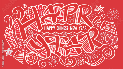 Happy chinese new year greeting card with festive white illustrations on red background celebrating lunar new year
