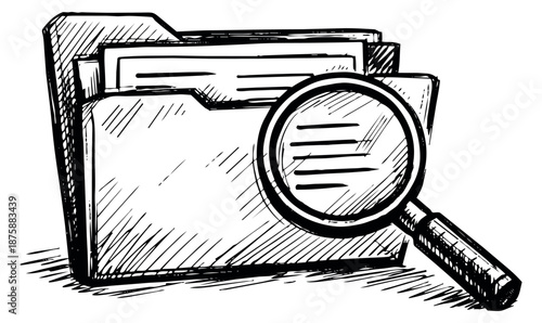 Hand drawn line art illustration of a file folder and magnifying glass depicting document search for business management