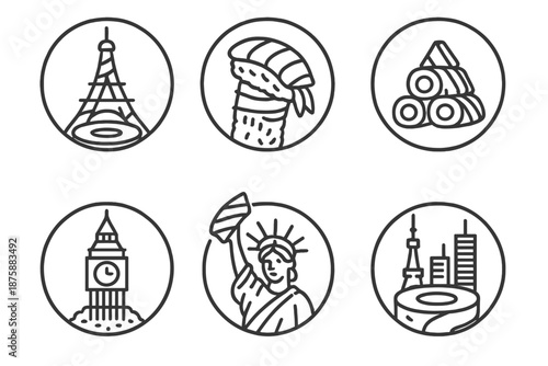 Global Sushi Icons. Line style circular vector icons of global sushi: sushi roll shaped like Eiffel Tower, nigiri leaning like