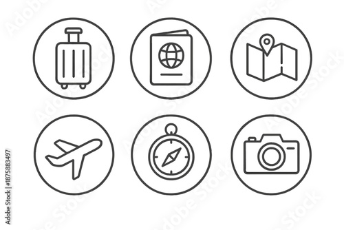 Travel Icons Collection. Line style circular vector icons of travel accessories: suitcase, passport, map, compass, airplane,