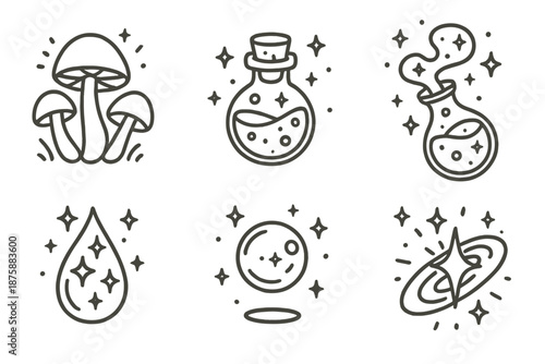 Stellar Alchemy Icons. Line style icons of Stellar Alchemy: glowing mushrooms with potion bottles, floating cosmic liquids, tiny