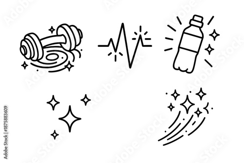 Cosmic Fitness Icons. Line style icons of Stellar Gym: dumbbell with galaxy vortex, glowing heartbeat pulse, tiny floating stars,