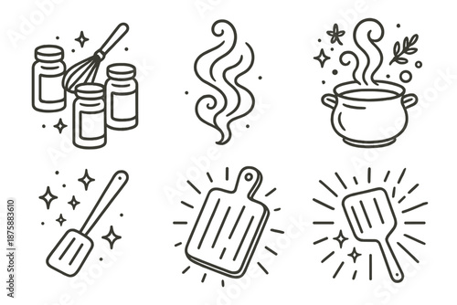 Enchanted Kitchen Icons. Line style icons of Enchanted Cooking: spice jars and floating utensils, mystical smoke, glowing steam,