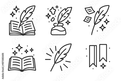 Magical Writing Icons. Line style icons of Magical Writing: quill with floating books, glowing ink splashes, tiny hovering pages,
