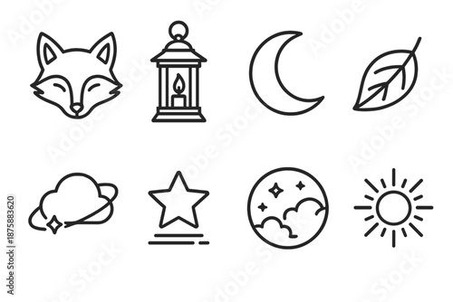 Night Lantern Icons. Line style icons of Night Lanterns: fox, glowing lantern, crescent moon, floating leaf, orbiting cloud,