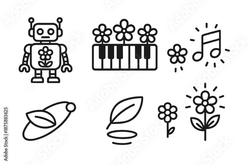 Floral Music Innovator. Line style icons of Floral Robot Music: robot, piano made of flowers, floating blossom, glowing note,