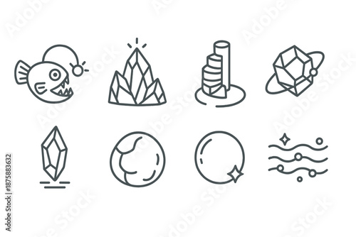 Luminous Iconic Landscapes. Line style icons of Luminous Mountains: lanternfish, glowing crystalline peak, floating spiral stair,