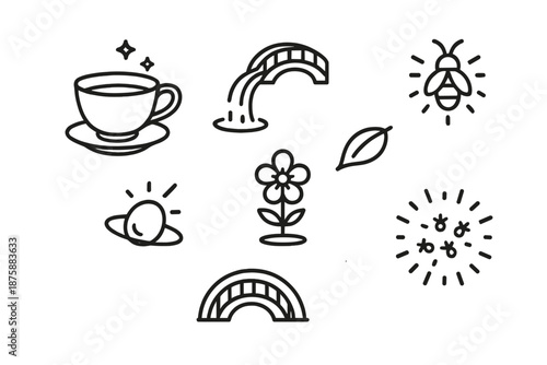 Enchanted Teacup Icons. Line style icons of Enchanted Teacup: teacup, pouring miniature bridge, glowing lightning bug, floating