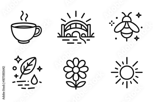 Miniature Bridge Fantasy. Line style icons of Tiny Bridge Stream: teacup, glowing miniature bridge, floating lightning bug,