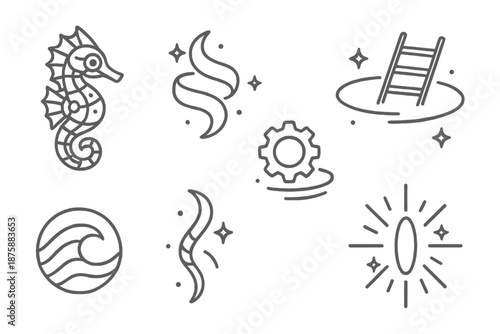 Celestial Icon Collection. Line style icons of Celestial Swim: mechanical seahorse, glowing ribbon, floating sky ladder, orbiting