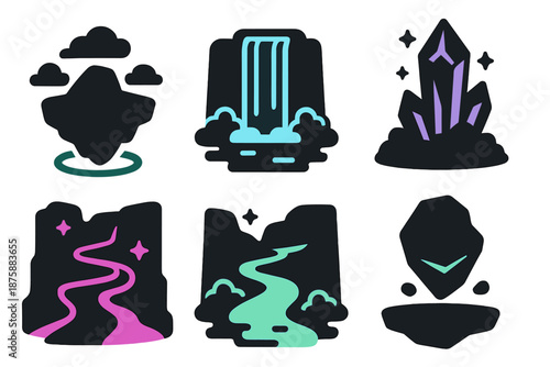 Mystical Landscape Icons. Solid style icons of mystical landscapes in : floating island, luminous waterfall, crystal spire,