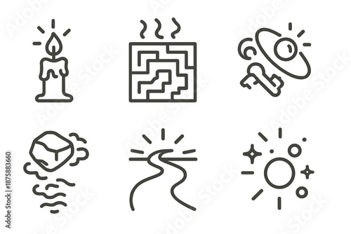 Luminous Maze Icons. Line style icons of Luminous Maze: glowing candle, foggy labyrinth, floating key, orbiting mist, levitating
