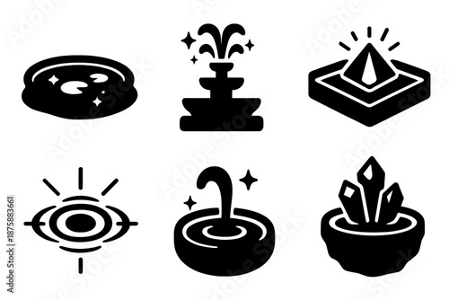 Mystical Water Icons. Solid style icons of mystical water features in : reflective pond, glowing fountain, prism pool, radiant