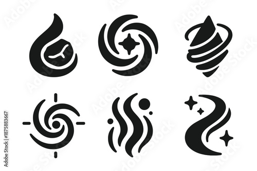 Mystical Interaction Icons. Solid style icons of mystical interactions in : water wrapping stone, glowing vortex, prism spiral,