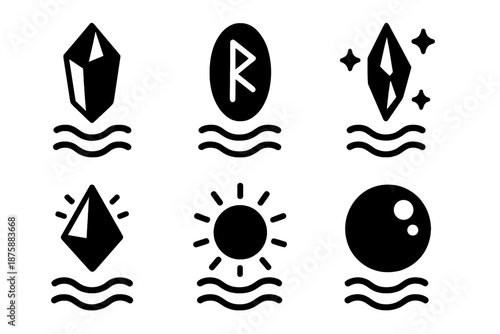 Mystical Floating Icons. Solid style icons of floating mystical objects in : levitating crystal, hovering rune, floating shard,