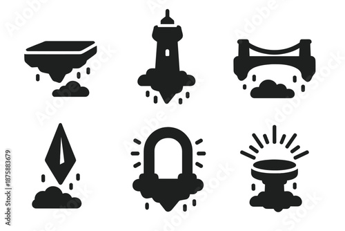 Floating Architectures. Solid style icons of floating structures in : levitating platform, hovering tower, floating bridge, prism