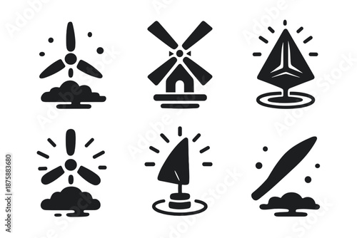 Mystical Wind Structures. Solid style icons of mystical wind structures in : floating turbine, levitating windmill, prism vane,