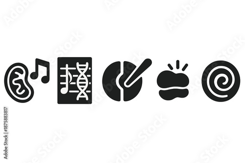 Cellular Symphony Icons. Solid style icons of cellular symphony: mitochondria notes, DNA sheet music, cell division baton, nucleus