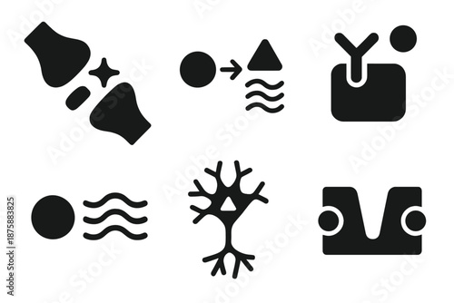 Intracellular Communication Icons. Solid style icons of intracellular communication: synapse spark, chemical signal, receptor