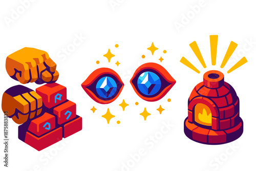 Golem Crafting Symbols. Isometric vector illustration set Golem Maker's Manual: golem fists stacking runic bricks, hovering