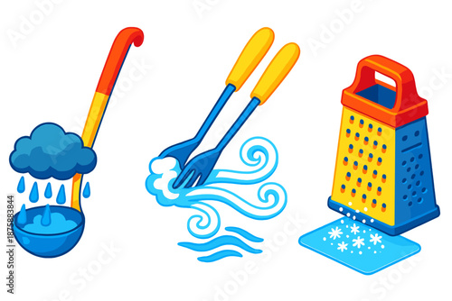 Weather Kitchen Utensils. Isometric vector illustration set Weather-Changing Kitchen Utensils: soup ladle pouring cloud rain,