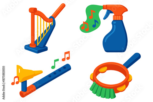 Creative Home Cleaning Instruments. Isometric vector illustration set Musical Instruments for Home Cleaning: mop head forming harp