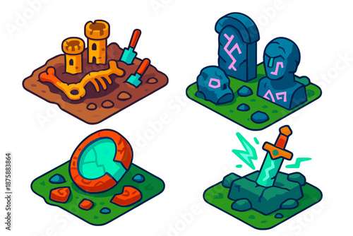 Fictional Civilization Fossils. Isometric vector illustration set Paleontology of Fictional Civilizations: tiny excavation with