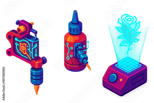 Bio-Mechanical Tattoo Tools. Isometric vector illustration set Bio-Mechanical Tattoo Artist Tools: tattoo machine with exposed