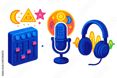 Mystical Audio Controls. Isometric vector illustration set Esoteric Podcast Production Controls: mixer interface with levitating