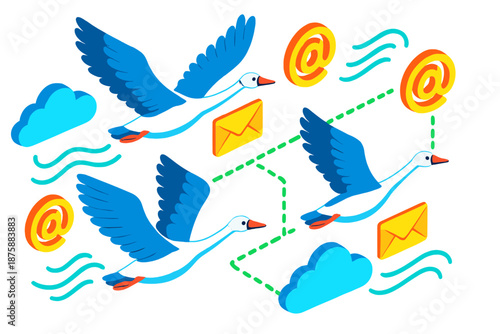 Swans Carry Glowing Emails. Isometric vector illustration set Bird Migration as Email Routing: migrating swans carrying glowing