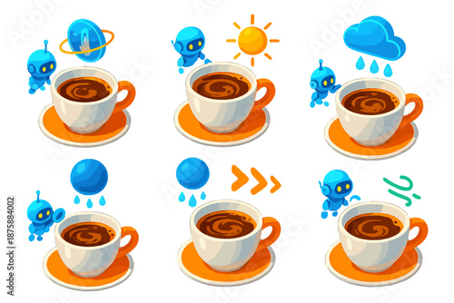 Futuristic Coffee Weather Forecast. Isometric vector illustration set Coffee stains predicting daily weather: floating glowing