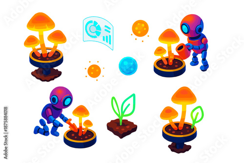 Mushroom Typewriter Fantasy. Isometric vector illustration set Typewriter keys growing mushrooms: floating vintage keys with