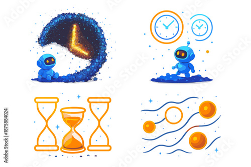 Moon Dust Timekeeping. Isometric vector illustration set Moon dust telling time: floating lunar dust particles arranging into