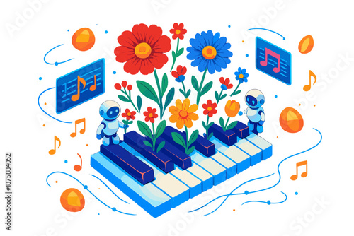 Blooming Piano Keys. Isometric vector illustration set Piano keys blooming flowers: floating glowing piano keys sprouting colorful