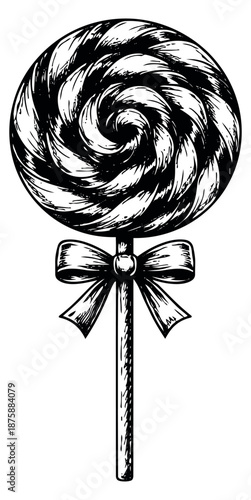 Hand drawn illustration of a lollipop depicting a spiral design and a decorative bow for sweet confectionery designs