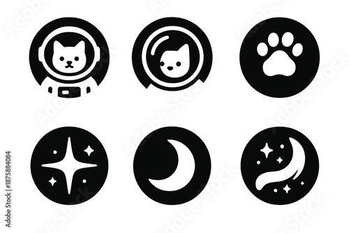 Space Cat Icons. Solid style round vector icons of space cat: astronaut cat, helmet reflection, floating paw, shining star, moon,