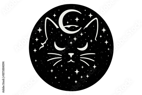 Cosmic Galaxy Cat. Solid style round vector icons of mysterious galaxy cat: nebula cloud, glowing whiskers, crescent eyes, star