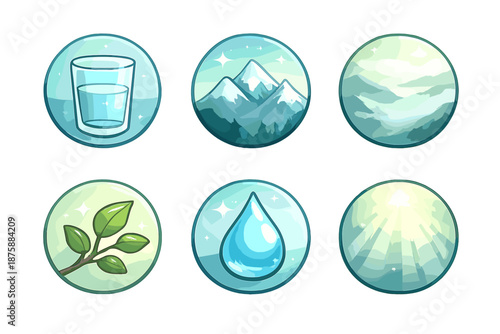 Refined Nature Icons. Solid style round vector icons of refined nature: glass, mountain, mist, branch, droplet, light ray No text,