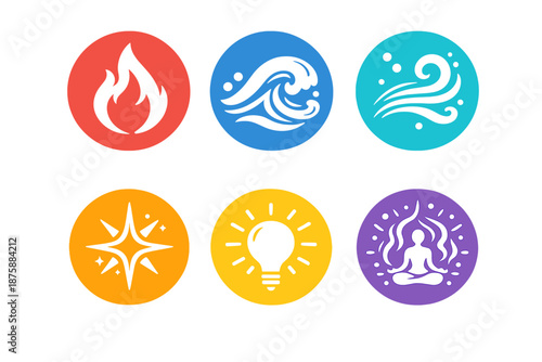 Mindful Energy Icons. Solid style round vector icons of mindful energy: flame, wave, breeze, spark, light, aura No text, No labels