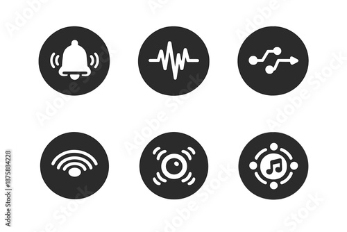 Sound Interaction Icons. Solid style round vector icons of sound interaction: bell, waveform, signal path, ripple line, vibration