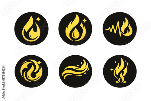 Dual Energy Icons. Solid style round vector icons of dual energy: drop, flame, pulse, swirl, flow, flicker No text, No labels,