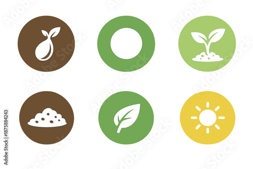 Natural Growth Icons. Solid style round vector icons of natural beginnings: seed, circle, sprout, soil, leaf, sunlight No text, No