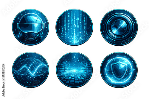 Secure Reality Icons. Solid style round vector icons of secure reality: helmet, data stream, lens reflection, motion wave, digital