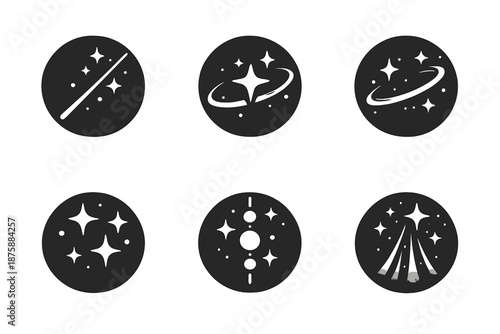 Cosmic Minimalist Icons. Solid style round vector icons of cosmic minimalism: line, star, space arc, glimmer, alignment, faint