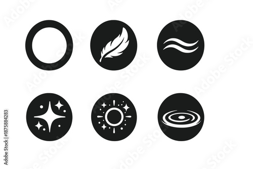 Elegant Vector Icons. Solid style round vector icons of delicate form: circle, feather, wave line, shine, aura glow, ripple No