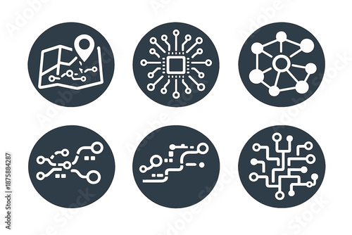 Electronic Exploration Icons. Solid style round vector icons of electronic exploration: map, circuitboard, node web, data route,