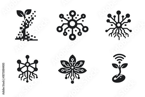 Data Ecology Icons. Solid style icons of data ecology: pixel vine, connected cell, information root, neural web, system bloom,