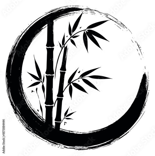Hand drawn illustration of bamboo in enso circle depicting a zen symbol for spiritual wellness